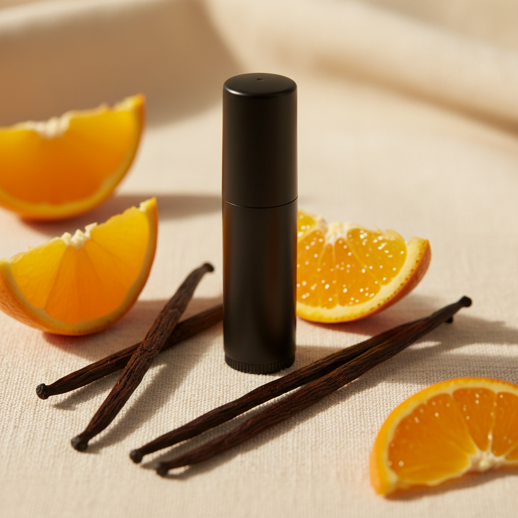 Orange and vanilla lip balm in a black tube